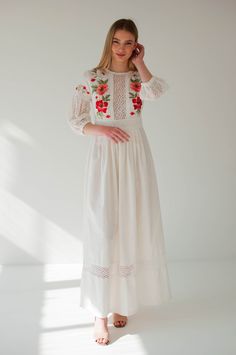 Handmade Ukrainian Dress, Long Folk Wedding Dress, Poppy Flower Embroidered Dress, Ivory Evening Dress - Etsy Lichi Dress Embroidered, Nepali Folk Wedding Dress, Luxury Traditional Embroidered Maxi Dress, Luxury Traditional Maxi Dress With Floral Embroidery, Floral Embroidered Dress For Winter, Cute Embroidered Cheap Dresses, Luxury Floral Embroidered Dress For Ceremony, Affordable Bohemian Dress With Floral Embroidery, Luxury White Maxi Dress With Intricate Embroidery