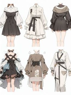 four different views of an anime character's clothes and outfits, all in black and white