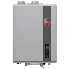 a tank type water heater with thermostaer on it's side