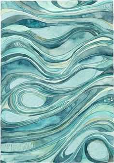 an abstract painting with blue and green waves in the water, on a white background