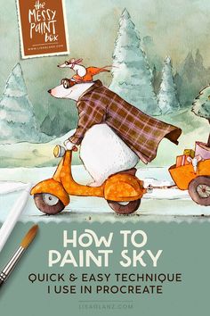 a book cover for how to paint sky with an animal on a scooter