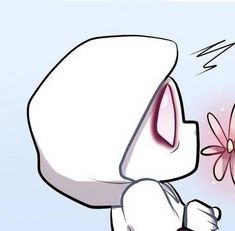 a cartoon character holding a flower in his hand and blowing it on the other side