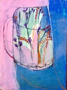 a painting of a vase with flowers in it on a blue and pink background,