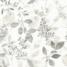 a white and grey floral wallpaper with leaves