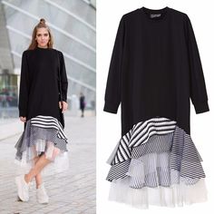 TWOTWINSTYLE 2017 Women Long Sleeve T Shirt Midi Dress Patchwork Stripe Mesh Ruffle Flare Asymmetrical Hem Pullover Casual 8 Fall Patchwork Dress With Asymmetrical Hem, Spring Patchwork Dresses For Layering, Fall Dresses With Ruffles And Asymmetrical Hem, Black Long Sleeve Asymmetrical Dress For Spring, Spring Lagenlook Midi Dress With Asymmetrical Hem, Spring Black Layered Dress, Asymmetrical Patchwork Dress For Spring, Casual Asymmetrical Hem Dress For Layering, Chic Dresses With Asymmetrical Layered Hem