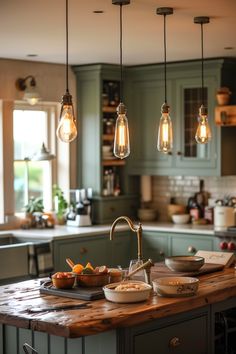 a kitchen island with lights hanging from it's ceiling and bowls on the counter