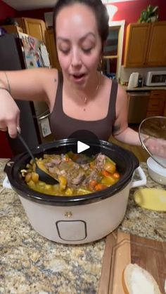 a woman is making a meal in her crock pot