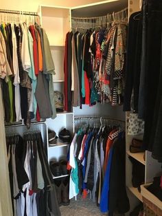 a closet filled with lots of clothes and shoes