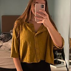 Uo Short Sleeve Button Up Shirt. This Is A Super Comfy Oversized-Fitting Top!! Color: Dark Mustard Yellow / Yellow-Green Size: M Condition: Nwt, Perfect Condition Casual Gold Shirt With Button Closure, Casual Gold Button-up Shirt, Gold Button-up Top For Summer, Gold Trendy Button-up Top, Trendy Gold Button-up Top, Mustard Button-up Casual Top, Mustard Casual Button-up Top, Casual Mustard Button-up Top, Casual Gold Shirt For Fall