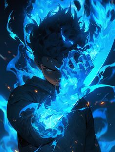 Blue Fire Character Design, Blue Swordsman, Anime Fire Power, Contrast Wallpaper, Anime Avatar, Blue Avatar, Character Artist