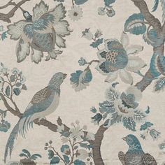 Meadowlark Fabric in Blue Grey Floral Wallpaper, French Country Fabric, Country Fabric, Jacobean Floral, Birds Sitting, Bird Fabric, Transitional Contemporary, Fabric Birds, Burke Decor