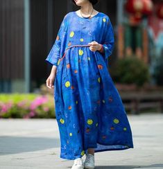 Casual Loose Free-size Dresses, Multicolor Long Sleeve Relaxed Fit Dress, Casual Loose Free Size Dresses, Spring Multicolor Relaxed Fit Dress, Orange Long Sleeve Shift Dress, Loose Green Summer Dress, Blue Shift Maxi Dress, Vibrant Blue Spring Dresses, Orange Tunic Maxi Dress For Spring