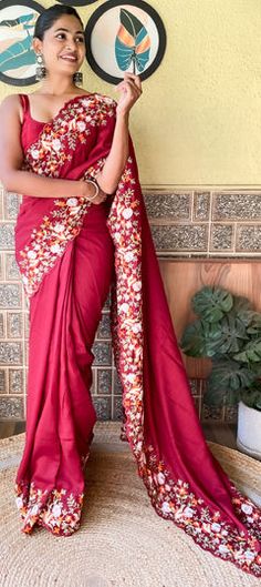 Red and Maroon color Saree in Art Silk fabric with Embroidered, Sequence, Thread work Red Chanderi Sets With Floral Embroidery, Red Saree Set With Floral Embroidery, Red Floral Embroidered Saree Set, Red Floral Embroidered Sets For Navratri, Red Sets With Floral Embroidery For Navratri, Red Semi-stitched Set With Floral Embroidery, Red Traditional Wear With Floral Embroidery For Eid, Semi-stitched Red Chanderi Blouse Piece, Red Semi-stitched Traditional Wear With Floral Embroidery