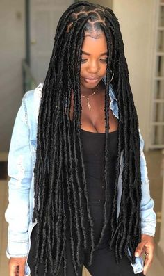 Long Faux Locs Hairstyles, Faux Hairstyles, Long Faux Locs, Latest Black Hairstyles, Fake Women, Hairstyles Locs, Faux Locs Styles, Braids Natural, Jumbo Box Braids