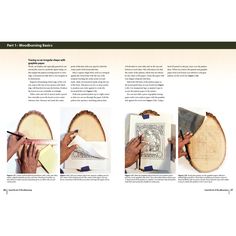 the instructions for wood carving are shown in three separate sections, including an image of a tree slice