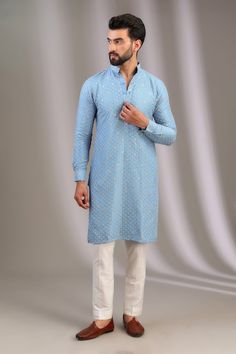 Blue kurta with zari thread embroidered lotus patterns. Comes with pant. - Aza Fashions Blue Kurta, Kurta With Pants, Blue Silk, Pants Pattern, Embroidered Silk, Mandarin Collar, Cotton Silk, Aza Fashion, Mens Pants