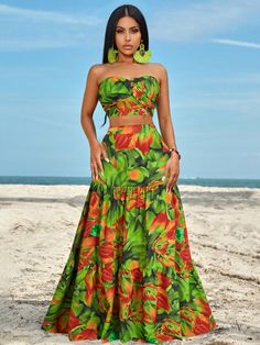 Olive Green Boho Collar   Floral,Tropical,Plants,All Over Print  Embellished Non-Stretch  Women Clothing Havana Nights Party Attire Women Dress, Havana Nights Outfit Women, Cuba Outfits, Tropical Party Outfit, Tropical Print Outfit, Cuba Outfit, Beach Attire For Women, Sequence Gown, Caribbean Fashion