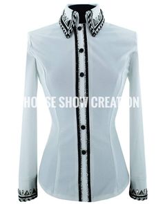 a women's white shirt with black trimmings on the collar and cuffs