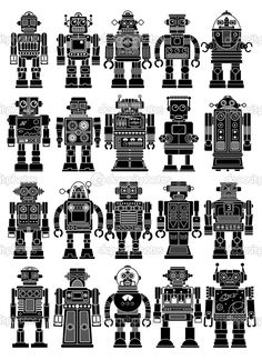 an assortment of robot silhouettes in various poses and sizes, all with different facial expressions