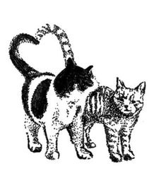 two cats standing next to each other on top of a white surface with black ink