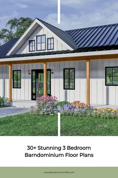 an image of a small house with the words 30 stunning 3 bedroom barndominium floor plans