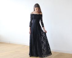 Off-The-Shoulder Black Floral Lace Long Sleeve Maxi Dress 1119 Black Lace Wedding Dress, Black Lace Wedding, Floral Lace Maxi Dress, Floral Dresses Long, Maxi Dress Wedding, Lace Long Sleeve, Wedding Vibes, Floral Lace Dress, Black Wedding Dresses