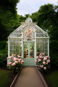 a green door with pink flowers in front of it and a walkway leading to the entrance