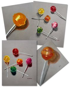 four different colored lollipops are shown in three separate pictures, one is yellow and the other is red