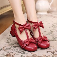 Customized Product. Ship In 5-10 DaysFabric Material: PuColor: Pink. Black. White. Brown. RedHeel Height: 2cm/0.79" Vintage Red Heels With Round Toe, Vintage Red Round Toe Heels, Red Heels With Round Toe And Bow, Cute Shoes White, Shoes Kawaii, Halter Dress Short, Lolita Outfits, Kawaii Shoes, Gorgeous Leather