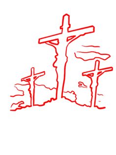 a red line drawing of the crucifix in front of a church with two crosses