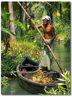 an old man is rowing a boat in the water with palm trees and other vegetation around him