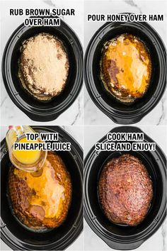 four different types of food in the slow cooker with instructions to make them and how to cook them