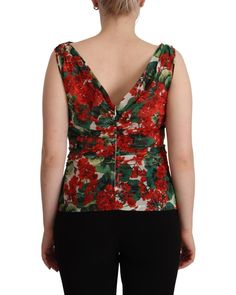 Brand: Dolce & Gabbana Condition: New with tags Style: Tank top Color: Multicolor Neckline: V-neck Print: Geranium Logo details Country of Origin: Italy Material: 93% Silk 7% Elastane Size on Tag: IT46|XL Designer V-neck Summer Tops, Designer Sleeveless Party Tops, Designer V-neck Party Top, Designer Red Silk Top, Designer Silk V-neck Tops, Formal Multicolor Summer Tops, Multicolor Formal Tops For Summer, Designer Multicolor Formal Tops, Designer Formal Multicolor Tops