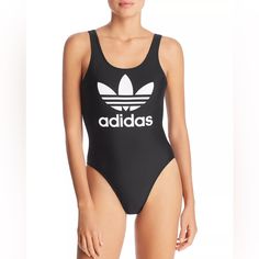 Adidas Originals Womens Trefoil Black High Leg One-Piece Swimsuit Style Dv2579 Size Xs Nwot (New Without Tags) Casual Black Bodysuit For Poolside, Black Athleisure Swimwear, Casual Black Bodysuit For Pool, Black Logo Print Swimwear For Summer, Black Swimwear With Logo Print For Swimming, Black Graphic Print Swimwear For Swimming, Sporty Black Adidas Swimwear, Fitted Black Adidas Swimwear, Adidas Swimsuit