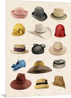 Metal Print entitled Vintage Hats III.  Multiple sizes available.  Primary colors within this image include White, Light Yellow, Burgundy, Gray.  Made in USA.  All products come with a 365 day workmanship guarantee.  Archival-quality UV-resistant inks.  Museum-quality, artist-grade canvas mounted on sturdy wooden stretcher bars 1.5 thick.  Comes ready to hang.  Canvas frames are built with farmed or reclaimed domestic pine or poplar wood. Vintage Hats For Women, Different Hat Styles, 1930s Hats, Antique Hat, Hat Art, Happy Hat, Antique Hats, Winter Shorts, Guys And Dolls