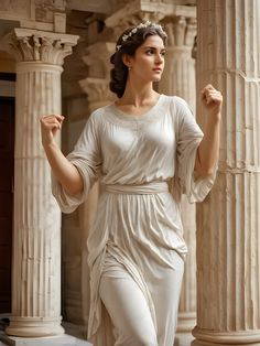 a statue of a woman standing next to columns