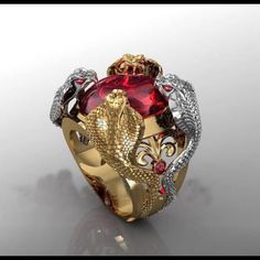 Unique Design 18k Gold And 925 Sterling Silver Four Cobra Snakes Around The Ruby Gemstone Ring For Men's Anniversary Proposal Casual Jewelry . Ring Party Jewelry, Red Stone Ring, Gem Ring, Latest Mens Fashion, Rose Engagement Ring