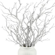 a white vase with silver branches in it