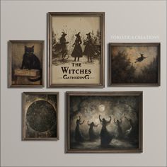 the witch's gathering is featured in this set of five framed art pieces,