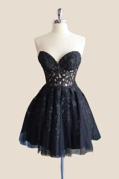 2024 black A-line short homecoming dress Lace Corset Back Dress For Prom, Lace Dress With Sweetheart Neckline And Boned Bodice, Fitted A-line Lace Prom Dress, Formal Corset Dress With Sheer Bodice And Sweetheart Neckline, Elegant Corset Dress With Heart-shaped Neckline For Homecoming, Lace Corset With Sweetheart Neckline, Lace Corset With Corset Back For Prom, Lace Strapless Prom Dress With Lace Bodice, Lace Bodice Strapless Prom Dress