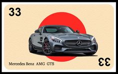 the mercedes benz amg gts is shown in front of an orange and white background