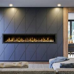 an electric fireplace in the middle of a living room