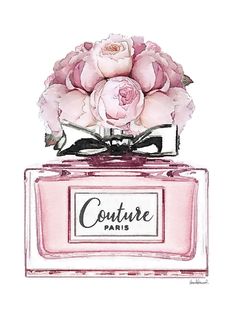 a pink perfume bottle with flowers in it