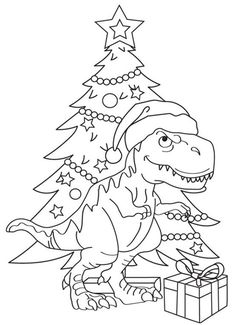 a dinosaur with a christmas tree and presents in front of it, coloring pages for kids