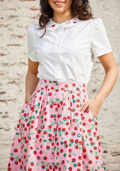 Berries & Blossoms A-Line Skirt Yellow Blossom, Red Strawberry, Spring Inspiration, Pink Skirt, A Line Skirt, A Line Skirts, Strawberries, Midi Skirt, Vintage Inspired