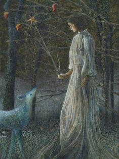 a painting of a woman standing next to a deer