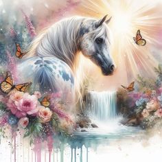 a painting of a white horse with flowers and butterflies around it, in front of a waterfall