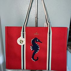 Spartina Red Tote Bag With Embroidered Sea Horse New With Tags Casual Blue Shoulder Bag With Embroidered Logo, Casual Tote Bag With Embroidered Logo, Blue Shopping Bag With Embroidered Logo, Embroidered Red Tote Bag, Red Embroidered Bag For Daily Use, Red Embroidered Tote Shoulder Bag, Red Embroidered Tote Bag, Red Embroidered Rectangular Bag, Red Embroidered Travel Bag