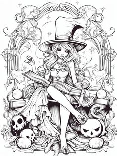 Fanciful Faces Coloring Book, Girl Coloring Pages, Halloween Coloring Sheets, Free Halloween Coloring Pages, Coloring Pages For Grown Ups, Witch Coloring Pages, Coloring Page For Adults, Grayscale Coloring Books, Pen Art Drawings