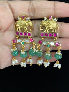 Jadau Kundan earrings, medium size Festive Temple Jewelry Single Earring, Temple Jewelry Pendant Earrings With Latkans, Traditional Green Earrings With Jewels, Temple Jewelry Style Dangle Pearl Earrings, Green Pendant Earrings For Festive Occasions, Traditional Green Jeweled Earrings, Unique Festive Drop Earrings, Jeweled Drop Earrings For Gift, Traditional Wedding Earrings With Jewels